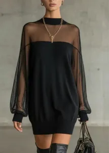 Black mesh spliced long sleeve high neck apparel detail view showcasing the textured fabric.