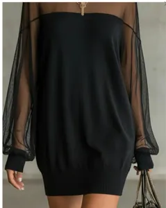 Black mesh spliced long sleeve dress fashion casual versatile elegant slim fit chic apparel