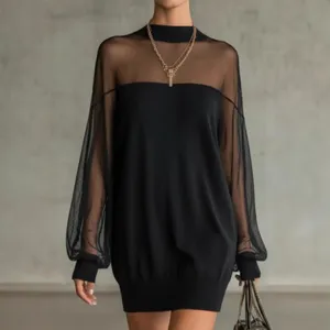 Women's Long Sleeve Stand Collar Mesh Patchwork Midi Dress Slim Fit High Waist Casual Elegant Black Dress