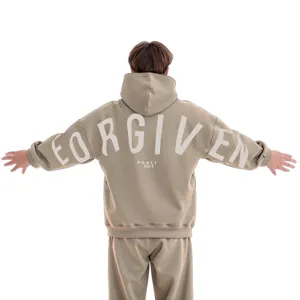 Beige Oversize Kapuzenpullover Set mit stilvollem Rücken Letterprint und bequemer Passform.
