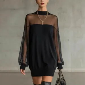 Black mesh spliced mock neck long sleeve bodysuit, versatile slim fit fashion apparel for women.