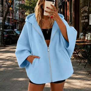 Mujer Casual Suelto Capucha Cremallera Chaqueta Otoño Color Sólido Manga Murciélago Bolsillo
