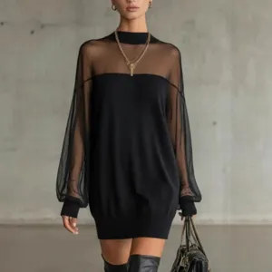 Black mesh splice long sleeve mock neck mini dress elegant women fashion party club wear