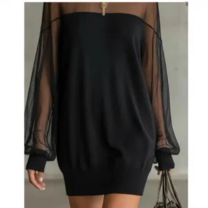 Black mesh spliced long sleeve bodysuit versatile slimming stylish main fashion piece