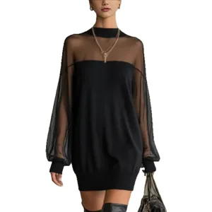 Black mesh spliced mock neck long sleeve bodysuit stylish slim fit versatile women romper