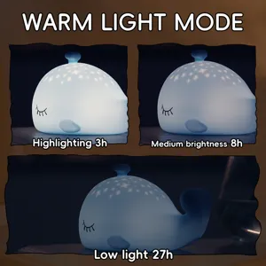 Détail de veilleuse baleine en silicone avec trois modes de luminosité et autonomie.