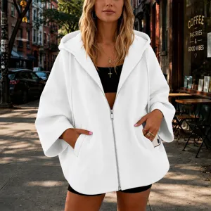Prenda exterior con capucha y cremallera casual de color sólido para mujeres moda chic