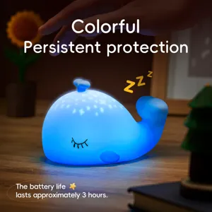 Veilleuse baleine en silicone avec lumières LED colorées, variateur et projecteur d'étoiles.