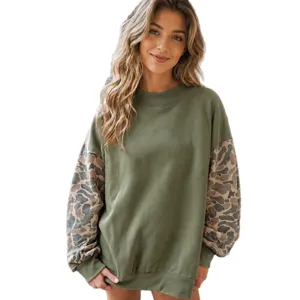 Women's Green Camo Colorblock Crewneck Fleece Sweatshirt Casual Long Sleeve Pullover Top
