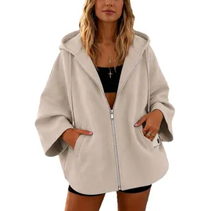 Chaqueta Capucha Cremallera Mujer Color Sólido Casual Manga Larga Holgada Abrigo