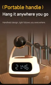 Portable LED alarm clock night light detail, hanging handle design for easy carrying.