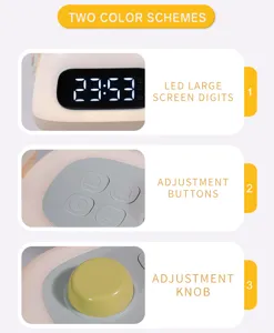 Close-up detail of the portable alarm clock night light showing LED screen, buttons and knob.