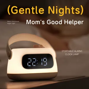 Portable LED digital alarm clock night light with leather handle and smooth dimming function.