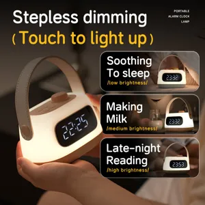 Portable LED bedside night light with stepless touch dimming and digital alarm clock display.