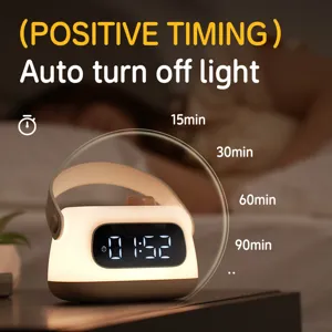 Portable digital alarm clock night light with timer and LED display for bedside bedroom use.