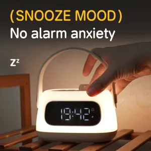 Portable LED digital alarm clock with night light, USB rechargeable bedside companion lamp.