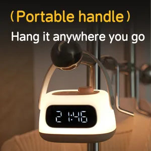 Portable LED alarm clock night light with handle, rechargeable bedside lamp for room.