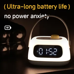 Detail shot of portable alarm clock night light with LED display and leather handle.