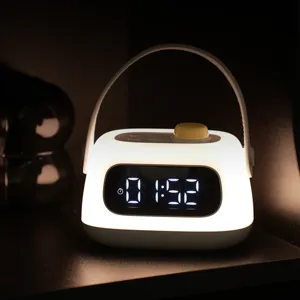 Portable LED alarm clock night light with USB charging, stepless dimming, and digital display.