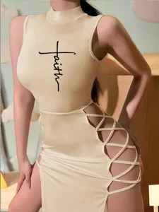 Sexy sleeveless summer dress with side lace-up cutouts, high split and faith print design.