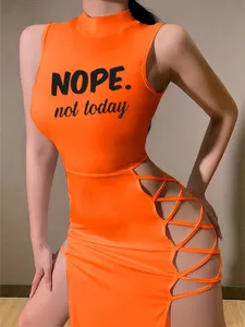 Orange sleeveless cut-out lace-up midi dress with funny slogan print for summer wear