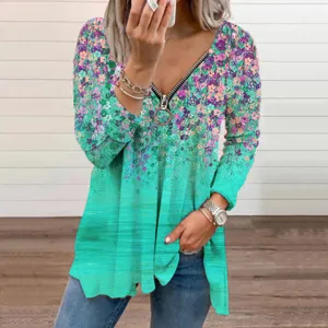 Floral print V-neck long sleeve zip up tunic top for women stylish daily casual wear.