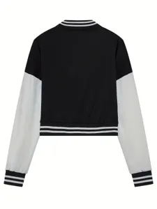 Back view of black white color block varsity jacket with striped ribbed details, casual style.