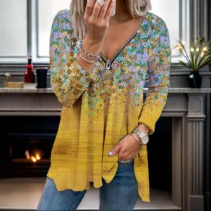 Floral V-neck Long Sleeve Zip Top Women Casual Loose Blouse Fashion Print T-shirt New