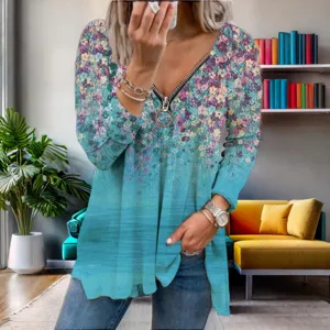 Floral print long sleeve V-neck zipper top detail showing casual daily lifestyle setting.