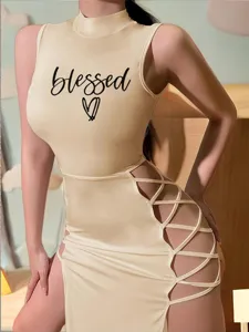 Detailed view of sexy summer sleeveless lace-up high slit midi dress with blessed print.
