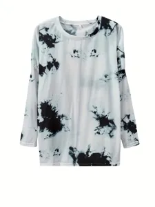 Damen schwarz weiß Batik langarm Oberteil lässiges Rundhals Pullover Shirt Detailansicht