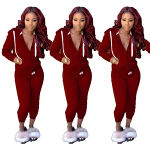 Solid color zipper hoodie tracksuit women autumn long sleeve two piece casual set