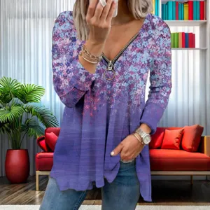 Detailed showcase of the stylish women's floral V-neck zippered long sleeve casual top.