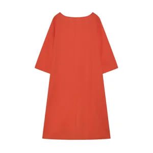 Oranje lange mouw katoen linnen jurk detail weergave, casual losse grote maat stijl.