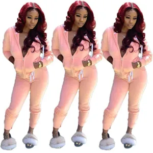 Women pink zip up hoodie tracksuit casual solid color two piece activewear set