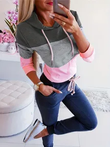 Casual γυναικείο φούτερ με κουκούλα colorblock μακρυμάνικο μόδα φθινοπώρου ρούχα