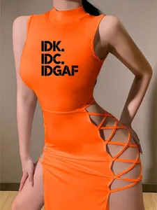 Detailed view of sexy orange sleeveless mock neck mini dress with lace-up side cutouts.
