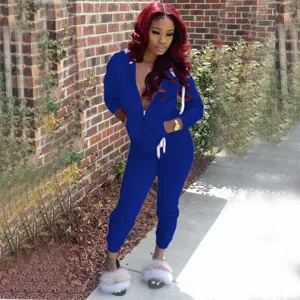 Detailed view of the royal blue women's hooded tracksuit, long sleeve zip sweatshirt.