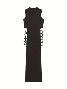 Black sleeveless maxi dress detail showing stylish side lace-up cutout design for summer.