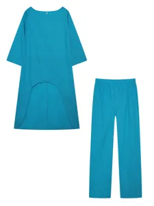 Gedetailleerd overzicht van dames casual linnen asymmetrische langarm top en broek set.