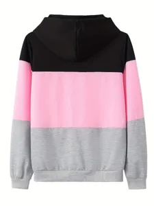 Πίσω όψη του casual γυναικείου φουτερ με κουκούλα color-block σε μαύρο, ροζ και γκρι.