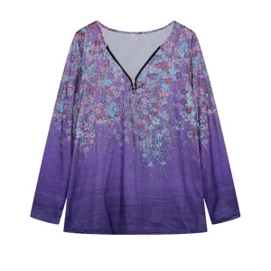 Purple floral long sleeve V-neck zip top, casual gradient print pullover blouse for daily wear.