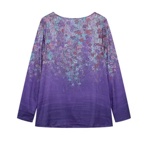Purple floral long sleeve blouse detailed view showing gradient print and neckline.