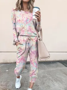 Bunter Batik Langarm Hausanzug Freizeit Set Sweatshirt und Hose Damen bequeme Freizeitkleidung