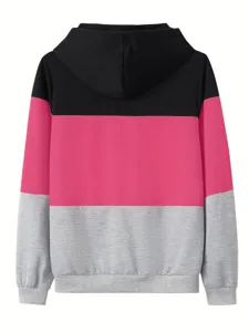 Λεπτομερής πίσω όψη του casual φούτερ με κουκούλα color-block και κομψό σχεδιασμό.