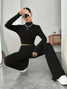 Women ribbed knit two piece set long sleeve crop top and pants casual outfit black detail view
