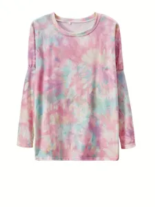 Damen Langarm Batik Freizeitoberteil Shirt Rundhals rosa blauem Farbverlauf Detail