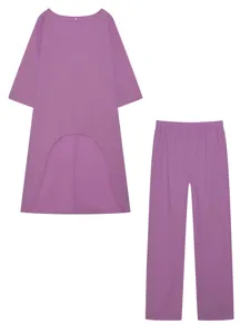 Vrouwen casual katoen linnen tweedelig set lange mouw onregelmatige tuniek broek paars
