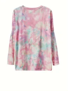 Rosa Batik Langarm Freizeitoberteil für Damen mit bequemem Rundhalsausschnitt und Muster.