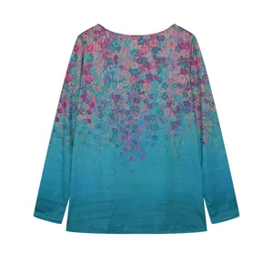Floral gradient long sleeve V-neck top detail view, soft fabric texture and elegant print design.